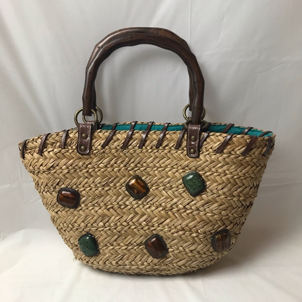 Nine West Woven Straw Handbag Wooden Handles and Gemstones Beach